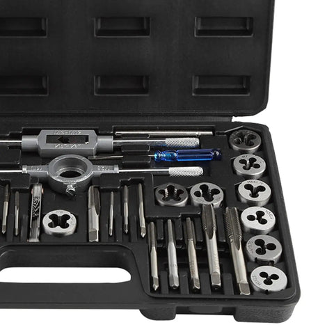 Heavy Duty 34 Piece Tap And Die Set For Auto Repair Made From Heat Treated 45 Steel And Alloy Steel Tools Covering M3 To M12 Plus NPT Thread Cutting Kit open case