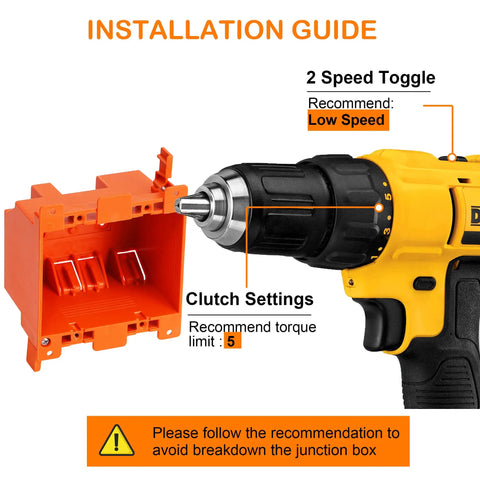 Installation guide for Ten Pack Two Gang Electrical Outlet Boxes For Old Work Installations with drill and junction box details