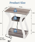 Two Piece End Table With Built In Charging Station For Your Couch And Bedside Modern Curved Nightstand Set Of Two Two AC Outlets USB Port Type C Port About Five Foot Power Cord Three Tier Open Storage. Off-white wood end table, 19.69 x 11.81 x 23.62 in, with 4.9 ft cord.
