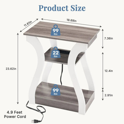 Two Piece End Table With Built In Charging Station For Your Couch And Bedside Modern Curved Nightstand Set Of Two Two AC Outlets USB Port Type C Port About Five Foot Power Cord Three Tier Open Storage. Off-white wood end table, 19.69 x 11.81 x 23.62 in, with 4.9 ft cord.