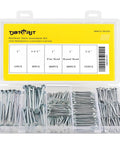 400 Piece Picture Hanging Nails Set With Five Sizes Up To 2 Inches in clear storage box, showing assorted galvanized nails.
