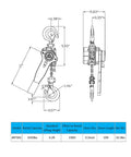 Technical drawing of Lever Chain Hoist Three Quarter Ton Capacity With G80 Grade Chain Ten Ft Lift Built Tough for lifting.