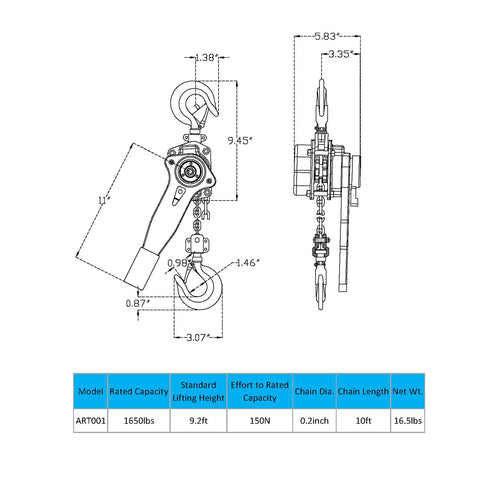 Technical drawing of Lever Chain Hoist Three Quarter Ton Capacity With G80 Grade Chain Ten Ft Lift Built Tough for lifting.