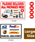 Handle Every Package Drop Off Like A Pro With This 14X10 Inch Delivery Sign For Packages with courier icons and visible text.