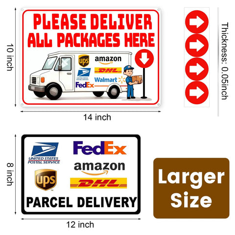 Handle Every Package Drop Off Like A Pro With This 14X10 Inch Delivery Sign For Packages with courier icons and visible text.