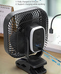 20000mAh Rechargeable Clip On Fan With 78 Hours Battery Life on a desk, shown with USB C fast charging cable
