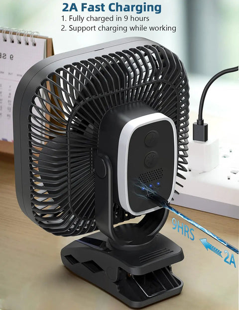 20000mAh Rechargeable Clip On Fan With 78 Hours Battery Life on a desk, shown with USB C fast charging cable