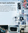 Mini tact switches used in electronics, appliances, test equipment, and industrial automation, shown in a mechanical setup.