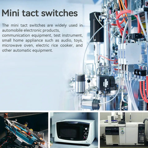 Mini tact switches used in electronics, appliances, test equipment, and industrial automation, shown in a mechanical setup.