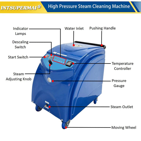 Industrial Steam Cleaner Drops Smokin Hot High Pressure Steam For Auto Shop Degreasing And Fleet Maintenance With Instant Heating And Kickin 13 Bar Force To Crush Stubborn Grease On Engines And Heavy Equipment 220V control panel with switches and gauges on blue steam cleaning machine