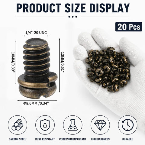 Twenty Piece Heavy Duty Ceiling Fan Blade Screws Quarter Twenty Thread By Three Eighth Inch Long Carbon Steel Pan Head Bolts Copper Finish shown with dimensions.