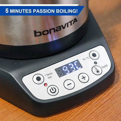 Close-up of 1L Digital Variable Temperature Gooseneck Kettle For Coffee And Tea With Precise Pour Control 6 Presets LED display.