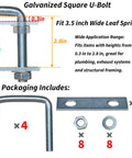 4 Pack Square U Bolts For Trailers And Trucks, Heavy Duty Galvanized Steel Clamp Set Fits 2 To 4 Inch Wide Leaf Springs shown with dimensions and components