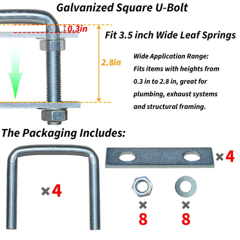 4 Pack Square U Bolts For Trailers And Trucks, Heavy Duty Galvanized Steel Clamp Set Fits 2 To 4 Inch Wide Leaf Springs shown with dimensions and components