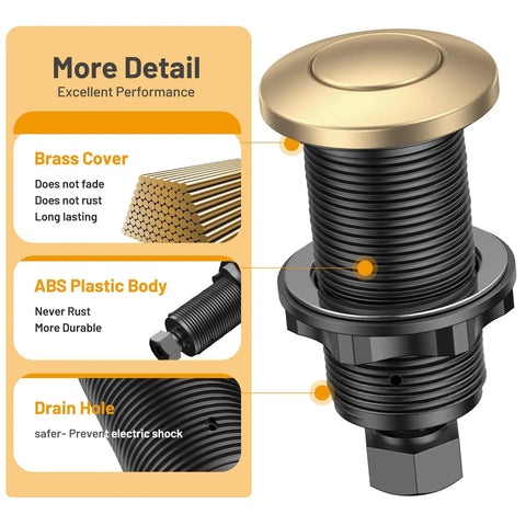 Garbage Disposal Air Switch Kit With Sink Top Button, UL Listed, Easy Install, Universal Fit, Champagne Bronze Detail View