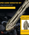 Front view of five short hex-shank eccentric drill bits with four-tooth serrations; metallic gold color.
