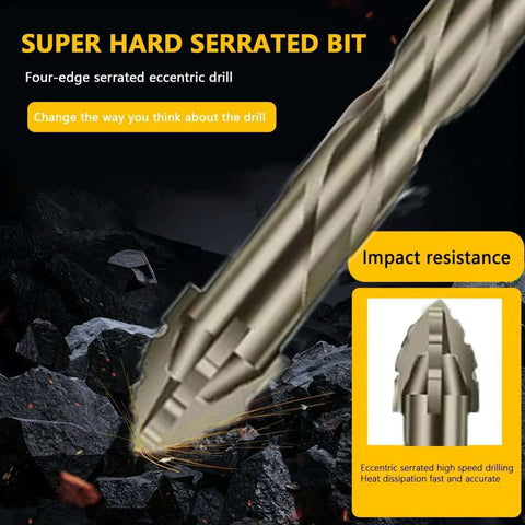 Front view of five short hex-shank eccentric drill bits with four-tooth serrations; metallic gold color.