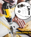 Person using Electric Drill Plate Cutter Attachment For Cutting Metal Plates 0.8mm Capacity Double Headed Sheet Metal Cutter with tools