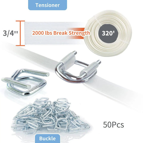 Top Shelf Straight Up Heavy Duty Packing Strapping Kit With 3/4 Inch Polyester Cord Roll 320 Feet Length 2000 Lbs Break Strength including buckles and tensioner.