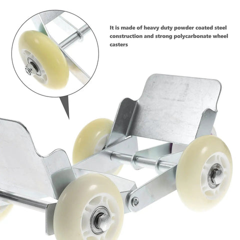 Heavy Duty Car And Motorcycle Mover Dolly With Steel And Rubber Build, Powder Coated Frame And Polycarbonate Wheel Casters, One Person Operation For Easy Garage Workhorse Moves Of Cars, Bikes, And ATVs. close-up of polycarbonate wheel caster