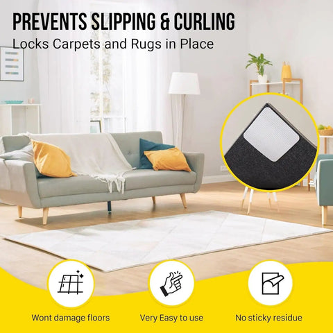 Rug Gripper Tape Double Sided Anti Slip Carpet Tape 20 Pack 4x4 Inch Pads For Hardwood And Tile Floors in living room setup.
