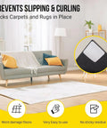 Living room scene with Rug Gripper Tape Double Sided Carpet Adhesive For Hardwood Or Tile Floors, detail inset of a grip pad.