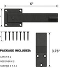 Tough As Nails 6 Inch Gate Flip Latch With Smooth 360 Degree Rotation For Barn Doors Fences And Sheds Heavy Duty Iron Construction Weather Resistant Matte Black Finish 2 Pack with measurements and screws included
