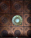 Steampunk PVC Ceiling Tile 2x2 Antique Copper Covering 40 Sq Ft Lay In Or Glue Up Embossed Design with central light fixture