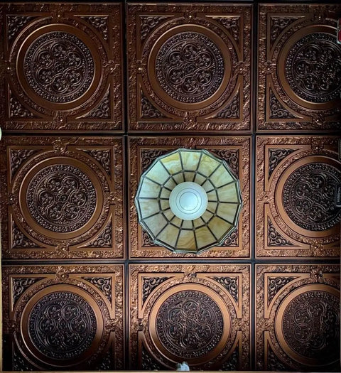 Steampunk PVC Ceiling Tile 2x2 Antique Copper Covering 40 Sq Ft Lay In Or Glue Up Embossed Design with central light fixture