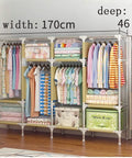 Heavy Duty Portable Hanging Closet Wardrobe With Rock Solid Steel Pipe Frame Designed For No Sweat Assembly And Roomy Clothing Storage For Tiny Rooms Or College Dorms, showcasing organized garments and dimensions.