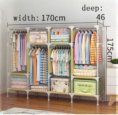 Heavy Duty Portable Hanging Closet Wardrobe With Rock Solid Steel Pipe Frame Designed For No Sweat Assembly And Roomy Clothing Storage For Tiny Rooms Or College Dorms, showcasing organized garments and dimensions.