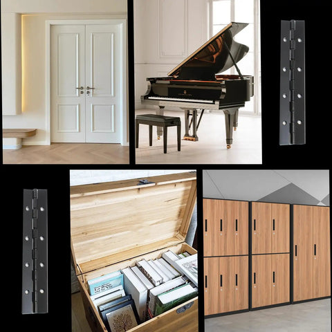 Six Piece Heavy Duty Matte Black Piano Hinges 8 Inch Continuous Steel Hardware Rust Proof on cabinetry and storage.