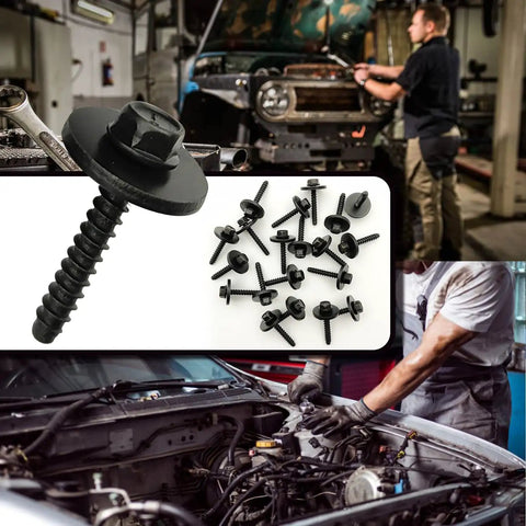 Solid Heavy Hex Head Screws For Fender Wheelhouse Console Replacement Compatible Gm Chevy Camaro Colorado Buick Cruze Set Of Ten Black Finished Fasteners. Close-up of a black hex head bolt with several bolts in background.