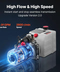 Heavy Duty Single Acting Hydraulic Power Unit Pump With 4 Qt Oil Reservoir And DC 12 Volt Motor generating 3200 Psi Max Pressure Plus 0.91 Gpm Flow Rate For Dump Trailers showing motor and reservoir.