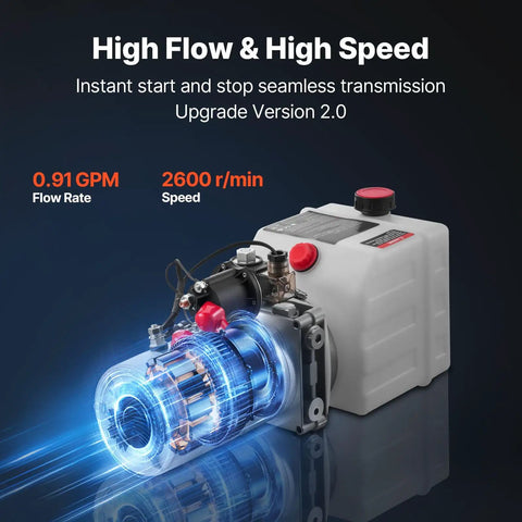 Heavy Duty Single Acting Hydraulic Power Unit Pump With 4 Qt Oil Reservoir And DC 12 Volt Motor generating 3200 Psi Max Pressure Plus 0.91 Gpm Flow Rate For Dump Trailers showing motor and reservoir.