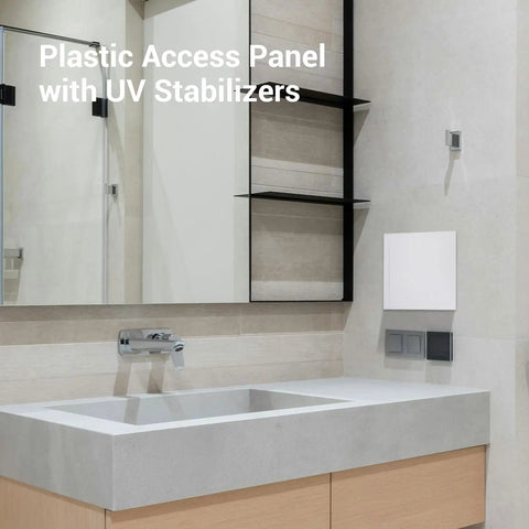 Heavy Duty ABS Plastic Access Panel For Drywall 8X16 Inch Wall Hatch Cover Door White Smooth Texture in modern bathroom setting.