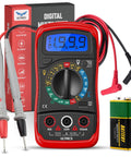 Digital Multimeter With Test Leads And Backlit LCD Display For Measuring AC DC Voltage DC Current Ohms Resistance Continuity And Diodes, shown with box and battery