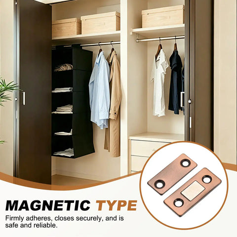 Ultra Thin Stainless Steel Cabinet Door Magnets 4 Pack with adhesive double sided tape shown in closet use