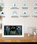 All In One Home Weather Station With Wireless Indoor Outdoor Thermometer And Remote Sensor 7.5 Inch HD Color Display Digital Forecast Humidity Tracking Atomic Clock Air Pressure Custom Alerts And Time on wooden desk