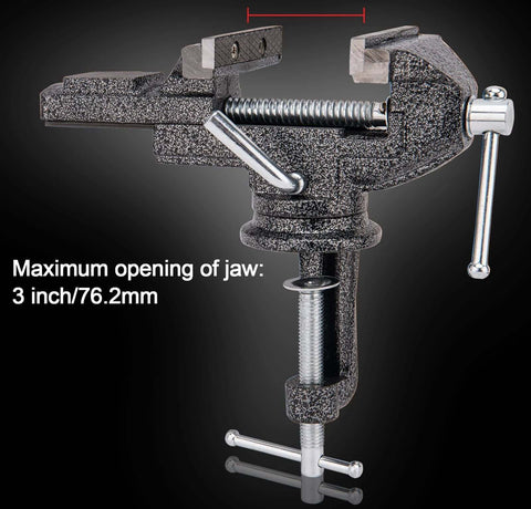 Front view of a 3-inch universal table vise, clamp-on portable bench vise with 360° swivel base, black speckled metal