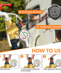 RV water pressure regulator with colorful gauge, brass lead-free body and adjustable knob, front view