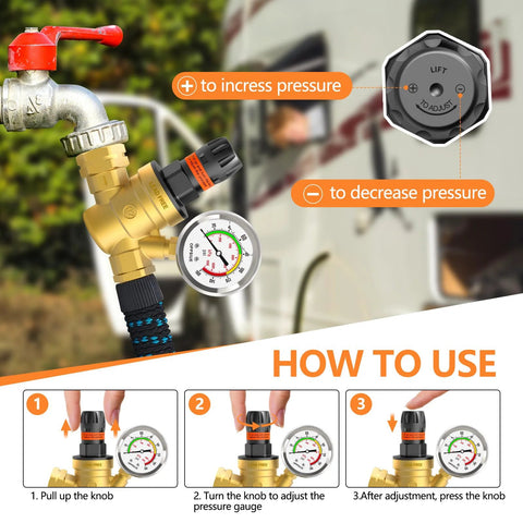 RV water pressure regulator with colorful gauge, brass lead-free body and adjustable knob, front view