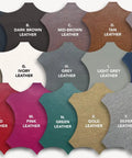 Leather color swatches showing black, brown, ivory, grey, and more for upholstery options.