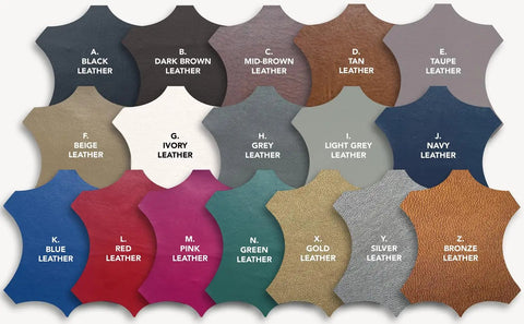 Leather color swatches showing black, brown, ivory, grey, and more for upholstery options.