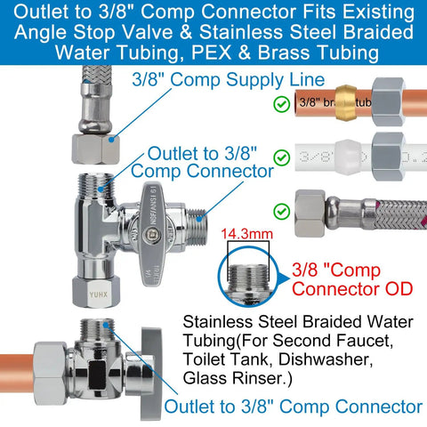Diagram of brass angle stop add-a-tee valve for bidet sprayer systems with 3/8 inch compression shut off and connectors