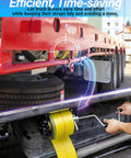 Person using Heavy Duty Winch Strap Winder for Flatbed Trailers and Truck Trailers Solid Steel Roll Up Hand Roller on a truck.