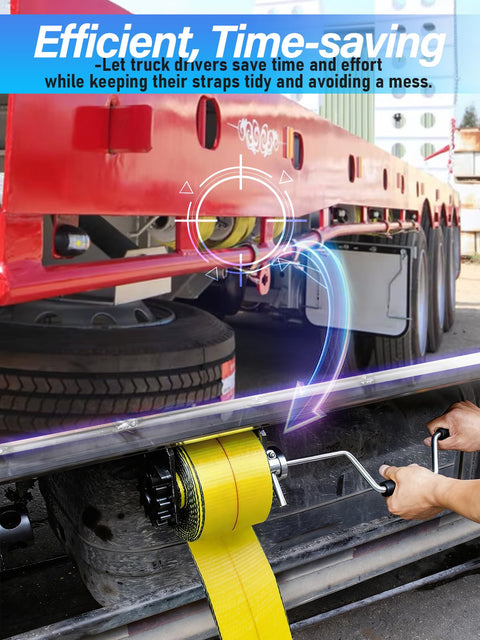 Person using Heavy Duty Winch Strap Winder for Flatbed Trailers and Truck Trailers Solid Steel Roll Up Hand Roller on a truck.