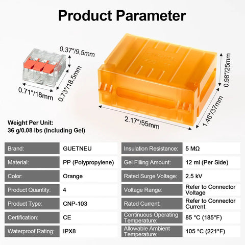 Two Pack Underground Ready Waterproof Gel Boxes with PCT 413 and connector size chart
