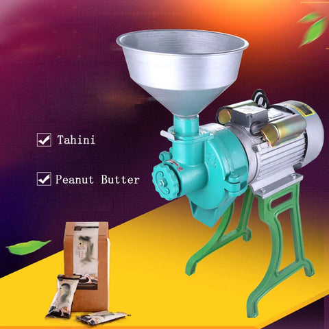 Beefy 3000W Powerhouse Commercial Grain Mill And Flour Grinder with large funnel and motor, making Tahini and Peanut Butter