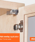 Soft Close Upgrade Kit for Face Frame Cabinets 20 BLUMOTION Adapters with spacer shown on partially overlaid cabinet door